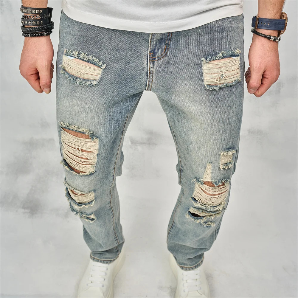 Streetwear Men Simple Loose Ripped Straight Jeans Pants Stylish Male Holes Casual Denim Trousers 231227
