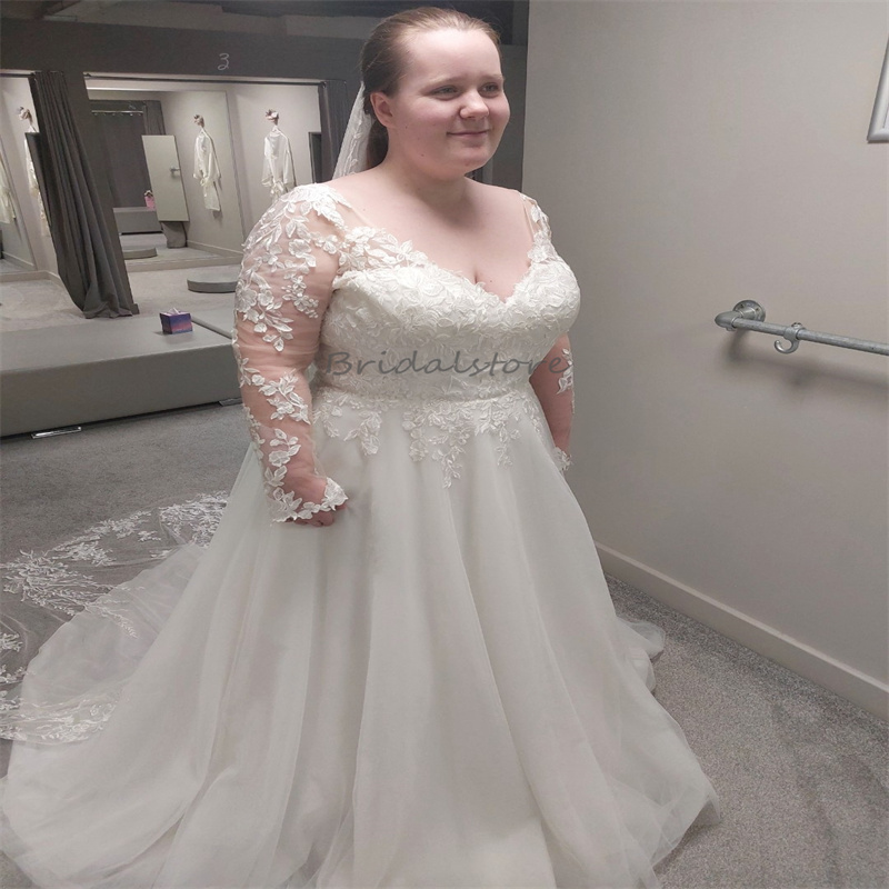 Boho Plus Size Wedding Dress 2024 Sexy V Neck Illusion Lace Long Sleeve A Line Tulle Beach Bride Dress Elegant Bohemian Bridal Gown Fashion Vestidos D