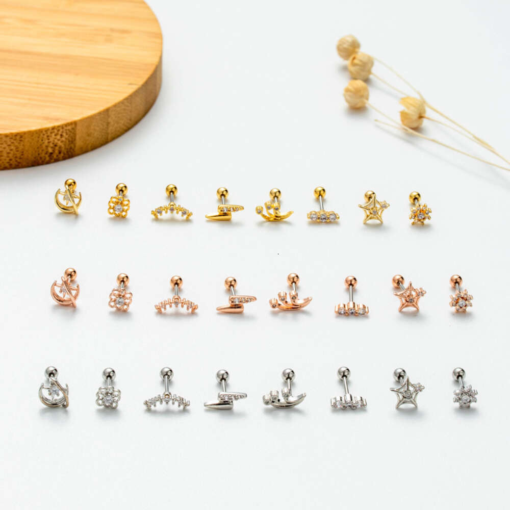 Surgical Stainless Steel Ball Screw Studs Earring Ear Ring New Thin Rod Double Screw Cubic Zirconia Small Flower Studs Cartilage Piercing Body Jewelry