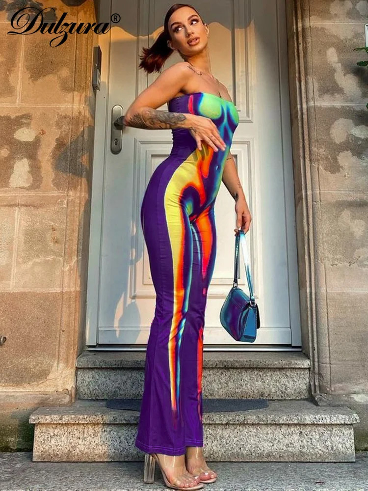 Dulzura Summer Women Sexy Print Off Shoulder Strapless Sleeveless Jumpsuit Bell-Bottomed Pants Body-Shaping Streetwear 231227