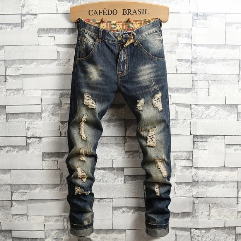 2024 Spring Distressed Ripped Jeans Men's Hiphop High Street Korean Fashion Slim Stretch Hole Denim Trousers 231227