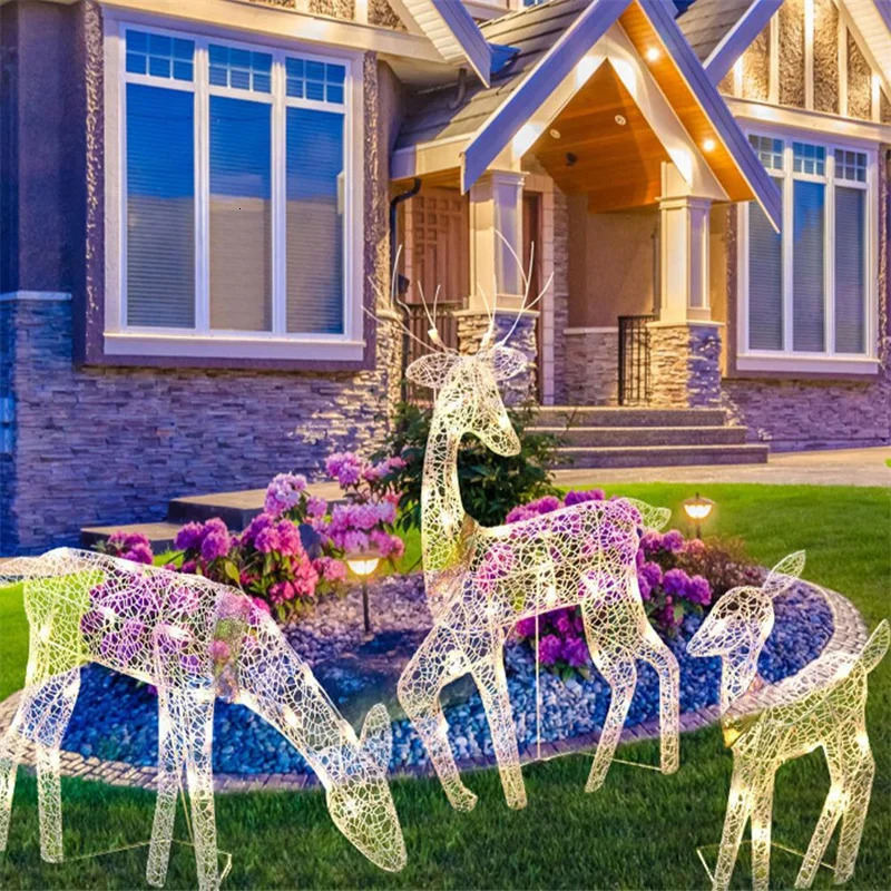 3pcs Iron Art Elk Deer Christmas Garden Decoration With LED Light Glowing Glitter Reindeer Xmas Home Outdoor Yard Decor y231227