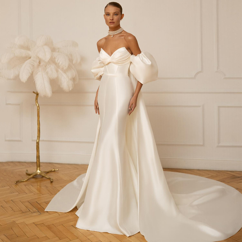 Ivory Mermaid Wedding Dresses with Cowl Backs Sweetheart Ruched Short Sleeve Church Wedding Gown Satin Detachable Train Bridal Dress