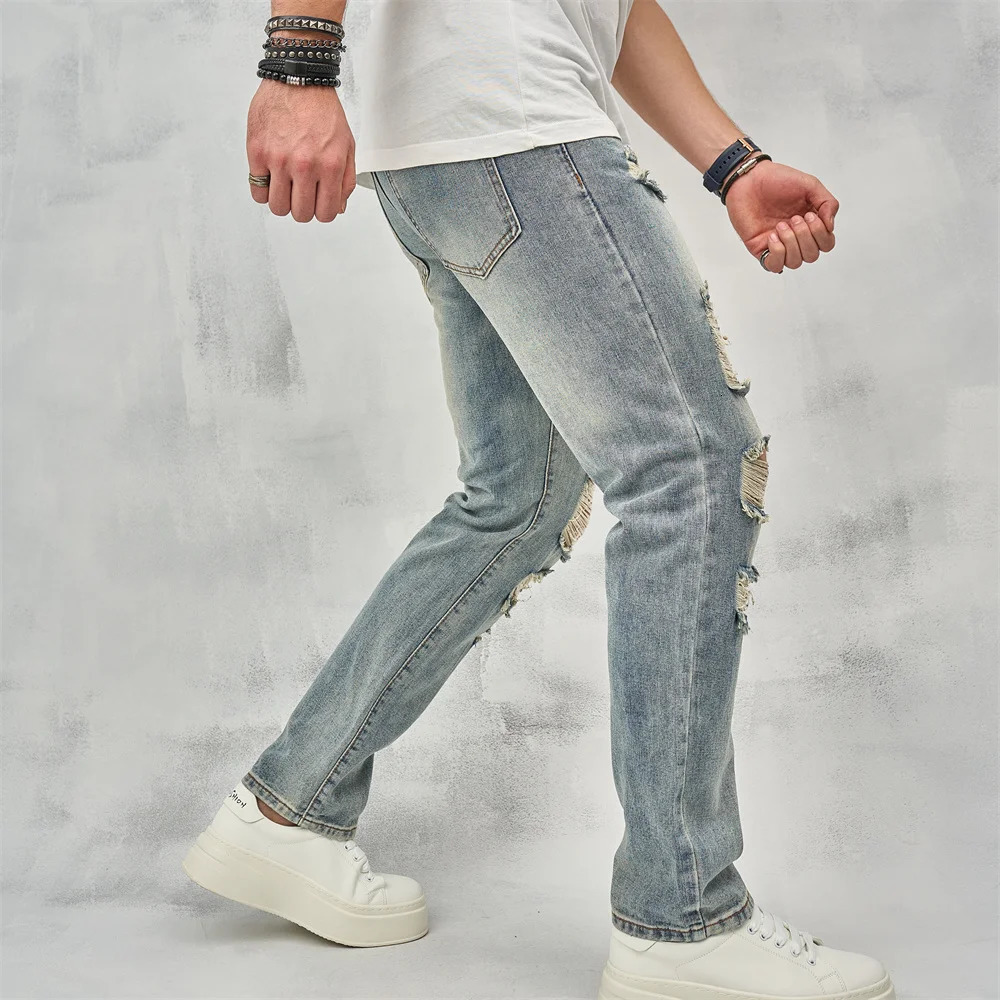 Streetwear Men Simple Loose Ripped Straight Jeans Pants Stylish Male Holes Casual Denim Trousers 231227