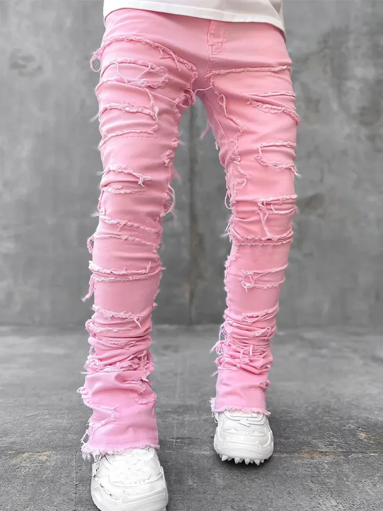 Streetwise Stretch Patch Jeans For Men Bottom Baggy Men s Clothing Summer Solid Fashion Mid Waist Patchwork Long Pants Male 231228