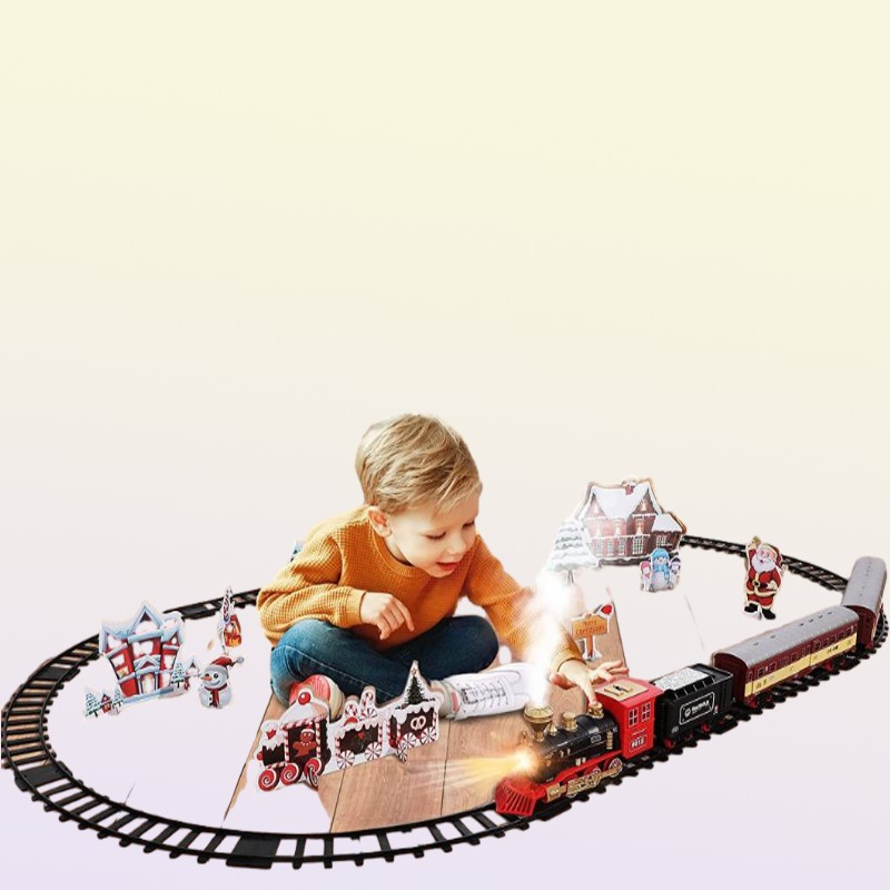 Engine Cargo Car and Long Tracks Electric Track Toy Train Set with Steam Locomotive Battery Operated Play Toys with Smoke Light So