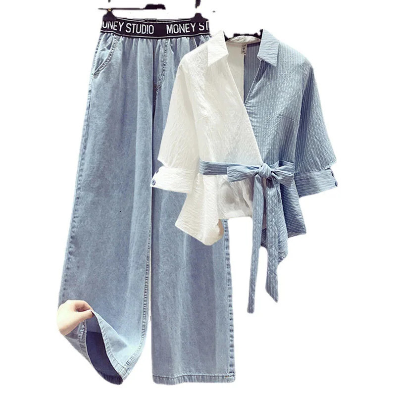 Japan and Korea Casual Fashion Suit Set Splicing Shirt Loose Jeans Twopiece Large Size Matching Sets Pant Suits 231227
