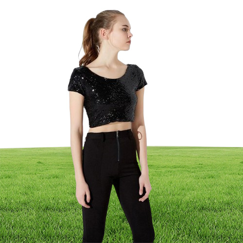 Sparkling Sequins Crop Top for Women Scoop Neck Short Sleeve T Shirts Slim Fit Short Tees Sexy Night Out Clothing