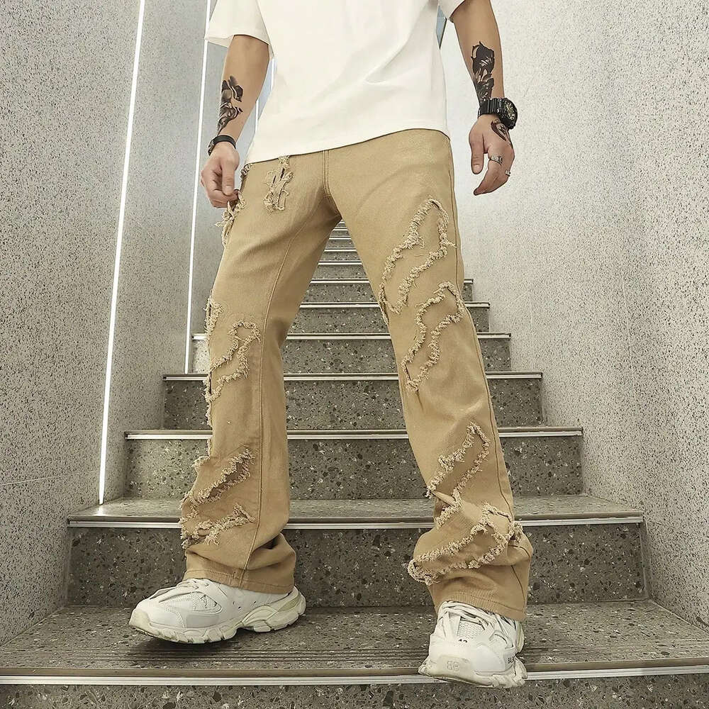 Bell-bottom Jeans Fashion Vintage Frayed Patchwork Color Block Denim Pants Men Casual Trousers Ripped Bottoms