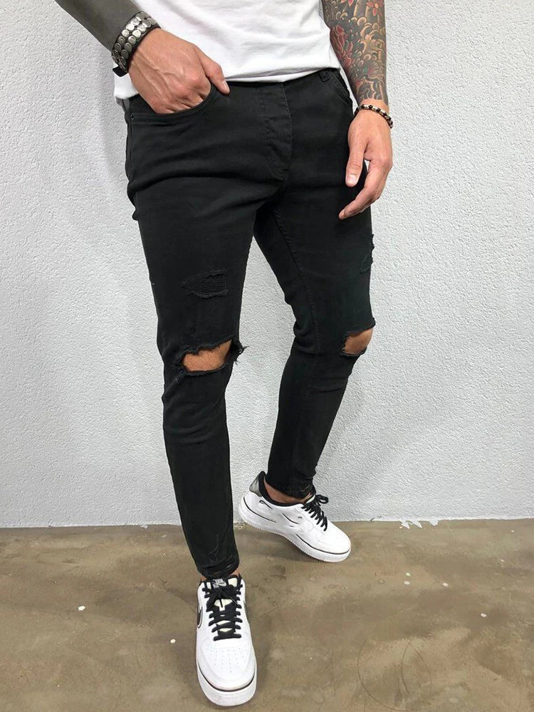Distressed Knee Holes Elastic Skinny Jeans Men Ripped Biker Denim Pants Solid Washed Streetwear Black Pantalones Hombre Joggers 231227