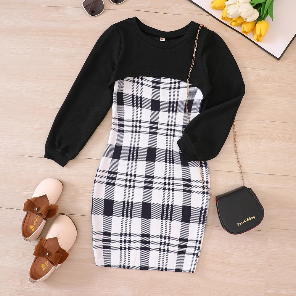 Mid Size Girls Autumn And Winter Long Sleeved Short Top Plaid Suspender Wrap Hip Skirt Set 231228