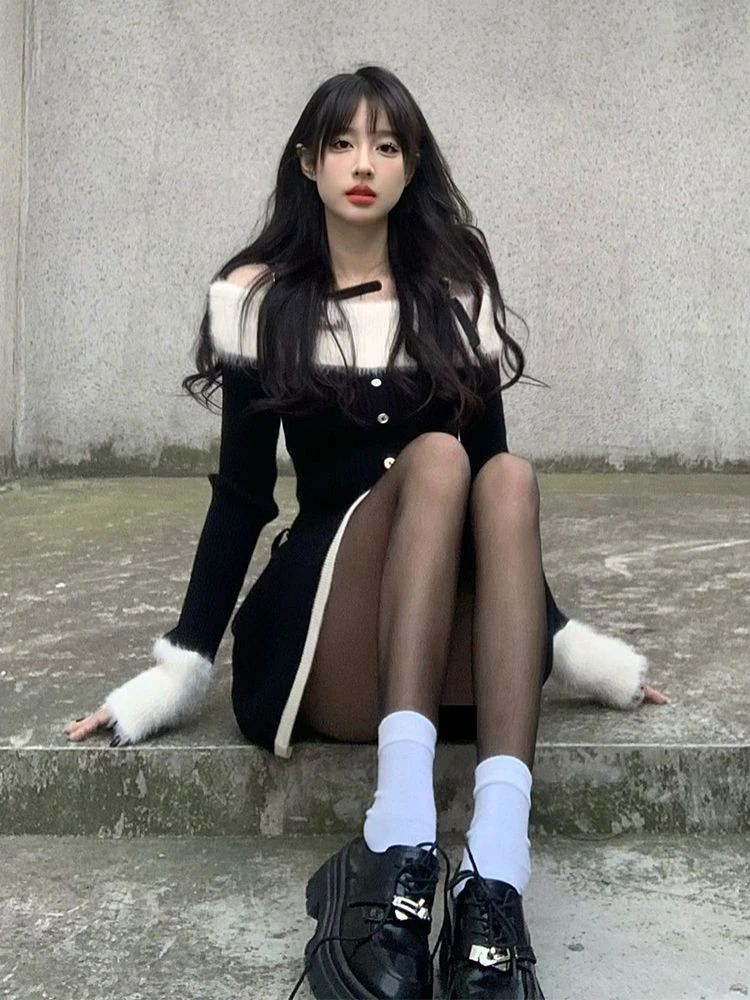 Autumn Elegant Knitted Short Party Dress Women Casual Long Sleeve Sweet Slim Black Mini Dress Dress Korean 231228