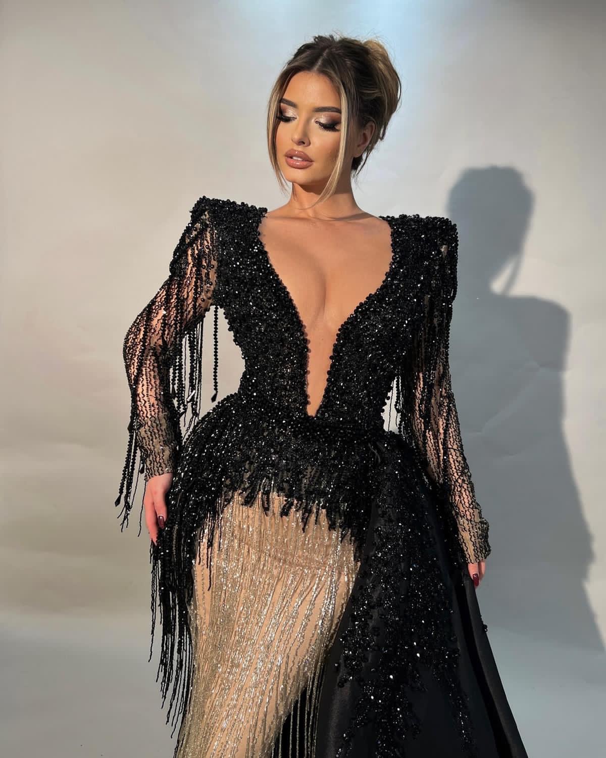 Aso Ebi 2024 Black Champagne Mermaid Prom Dress Crystals Beadings Evening Formal Party Second Reception Birthday Engagement Gowns Dresses Robe De Soir