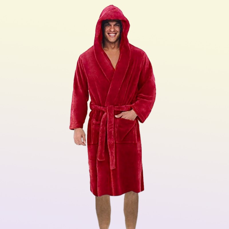 Mens Robes Men Casual Bathrobe Autumn Winter Solid Hooded Towel Soft Gown Midi Robe Nightgown Male Loose Home Wear 220826