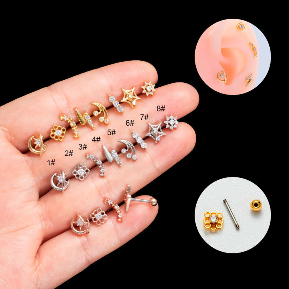 Surgical Stainless Steel Ball Screw Studs Earring Ear Ring New Thin Rod Double Screw Cubic Zirconia Small Flower Studs Cartilage Piercing Body Jewelry