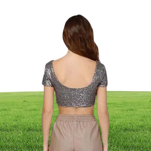 Sparkling Sequins Crop Top for Women Scoop Neck Short Sleeve T Shirts Slim Fit Short Tees Sexy Night Out Clothing