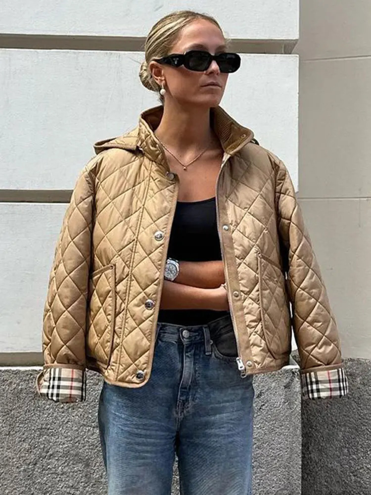 Elegant Solid Short Hooded Cotton Jacket For Women Casual Long Sleeve Pockets Zipper Warm Coat 2023 Winter Lady Fashion Overcoat 231227