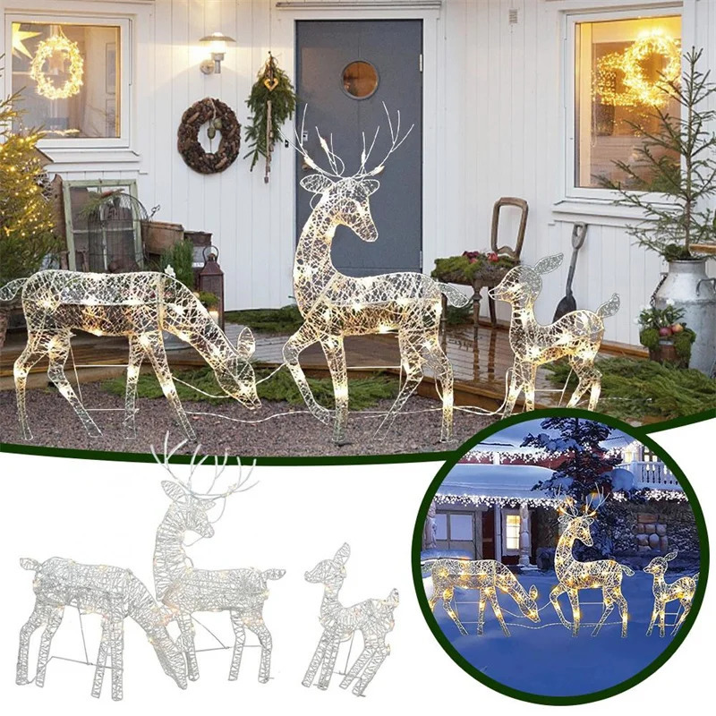 3pcs Iron Art Elk Deer Christmas Garden Decoration With LED Light Glowing Glitter Reindeer Xmas Home Outdoor Yard Decor y231227