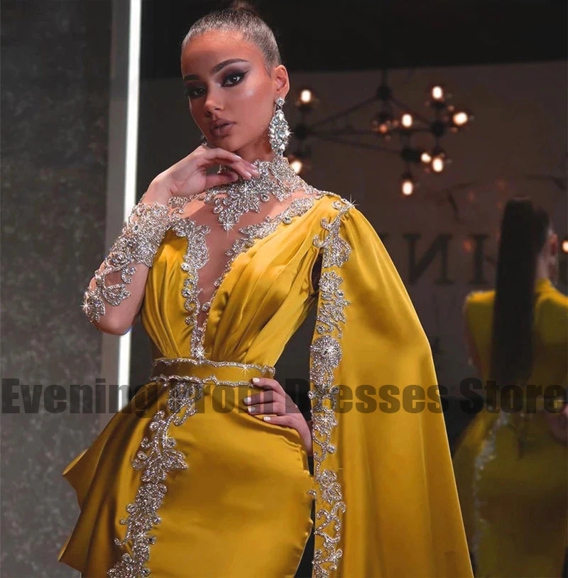 Gorgeous Gold Evening Dresses Mermaid Sheer Appliques Beads High Neck Long Sleeves Prom Gowns With Shawl Vestidos De Noche 6660312