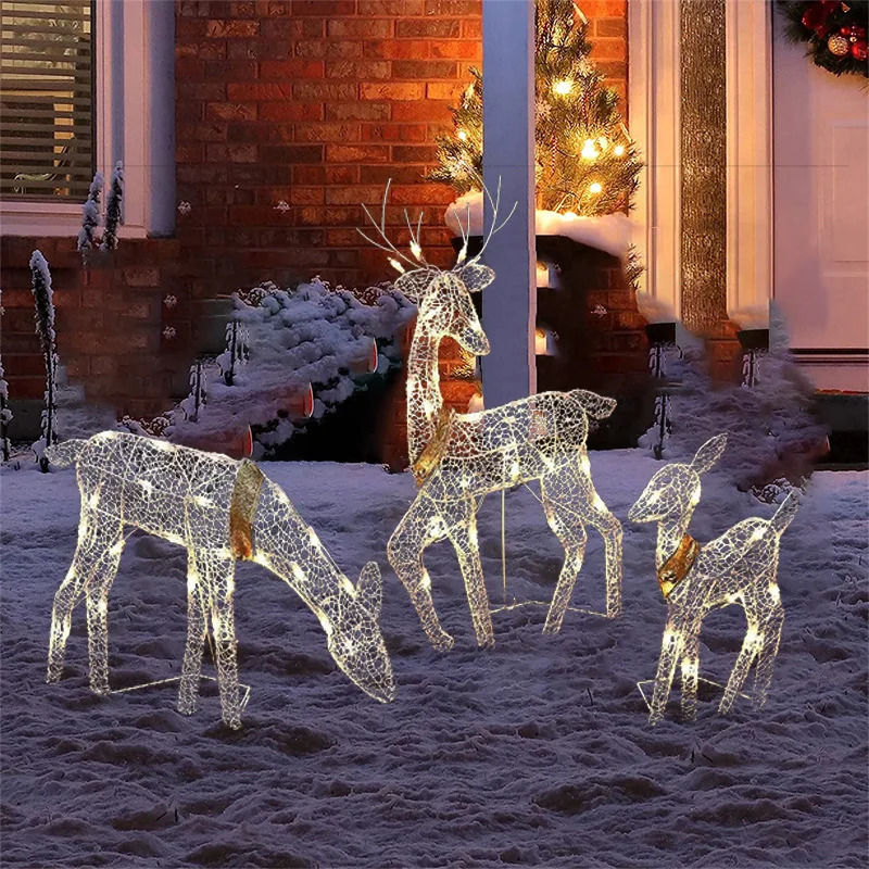 3pcs Iron Art Elk Deer Christmas Garden Decoration With LED Light Glowing Glitter Reindeer Xmas Home Outdoor Yard Decor y231227