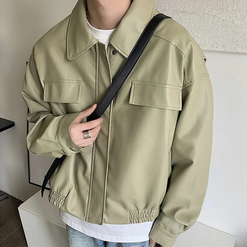 2023 Men's Casual Texture PU Leather Jacket High Street Zippers Turndown Collar Long Sleeve Retro Coat with Pocket Autumn 231227