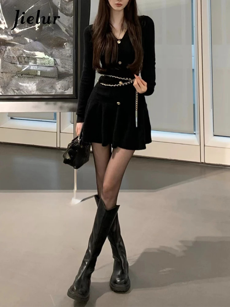 Jielur Casual Autumn White Knitted Sweater Mini Dress Women Black Elegant Lady Dresses Fashion Party Pure Color Dress 231228