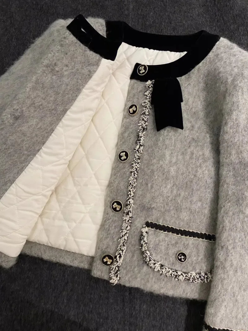 Thick Quilted Coats Blends Grey Wool Jacket Crop Top Winter Vintage Slim A Line Skirt s Two Peice Sets Bow Suit Y2k 231228