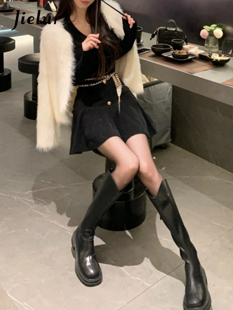 Jielur Casual Autumn White Knitted Sweater Mini Dress Women Black Elegant Lady Dresses Fashion Party Pure Color Dress 231228