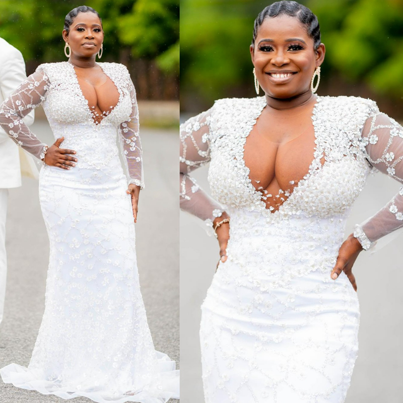 Illusion Trumpet Wedding Dress Bride Elegant Long Sleeves 3D Flowers Sheer Neck Mermaid Bridal Gowns for African Arabic Black Women Girl Marriage D093