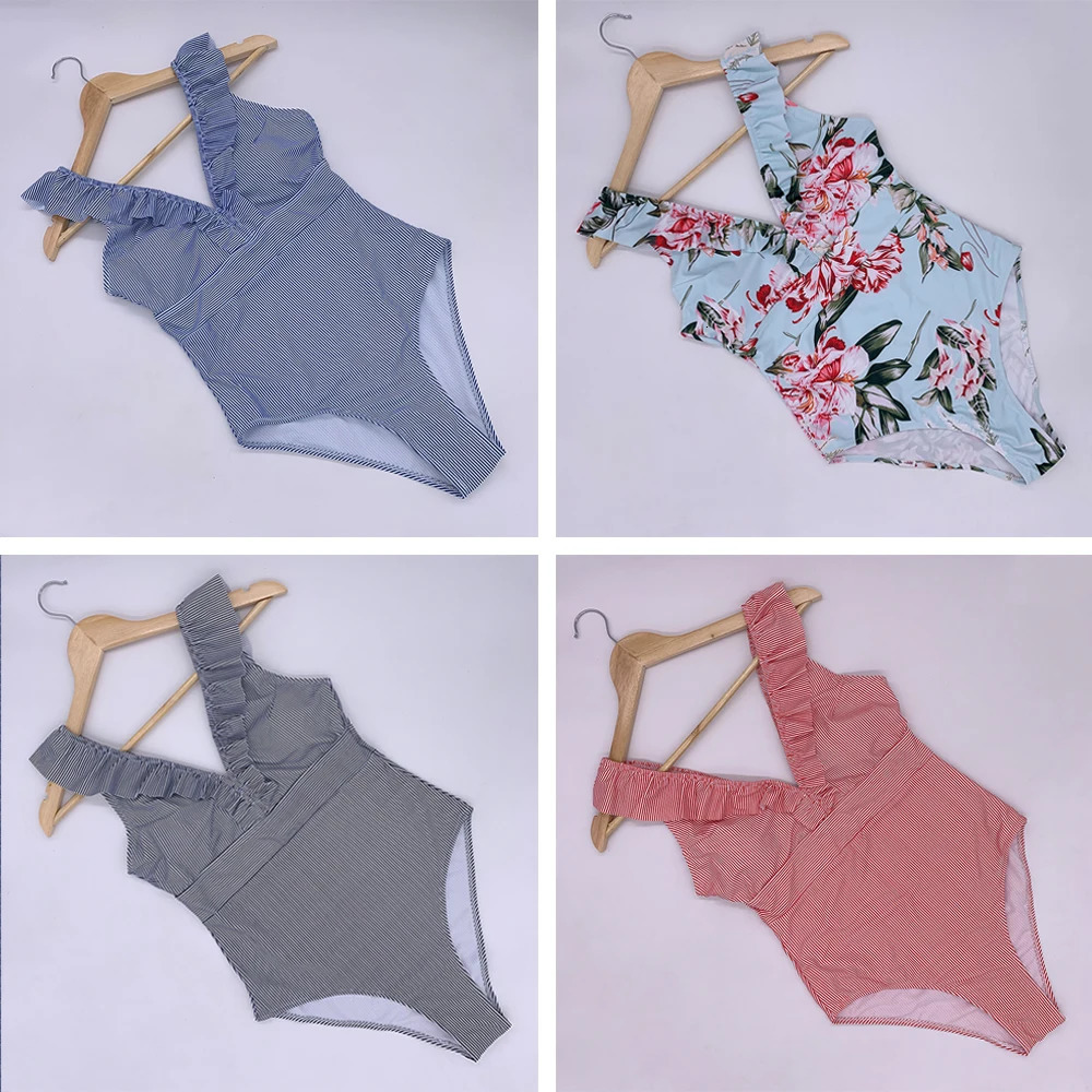 Sexy Swimsuit 2023 Women Striped Ruffled Swimwear Vintage Print Monokini Female Bodysuit Girl Beach Bathing Suit 231227