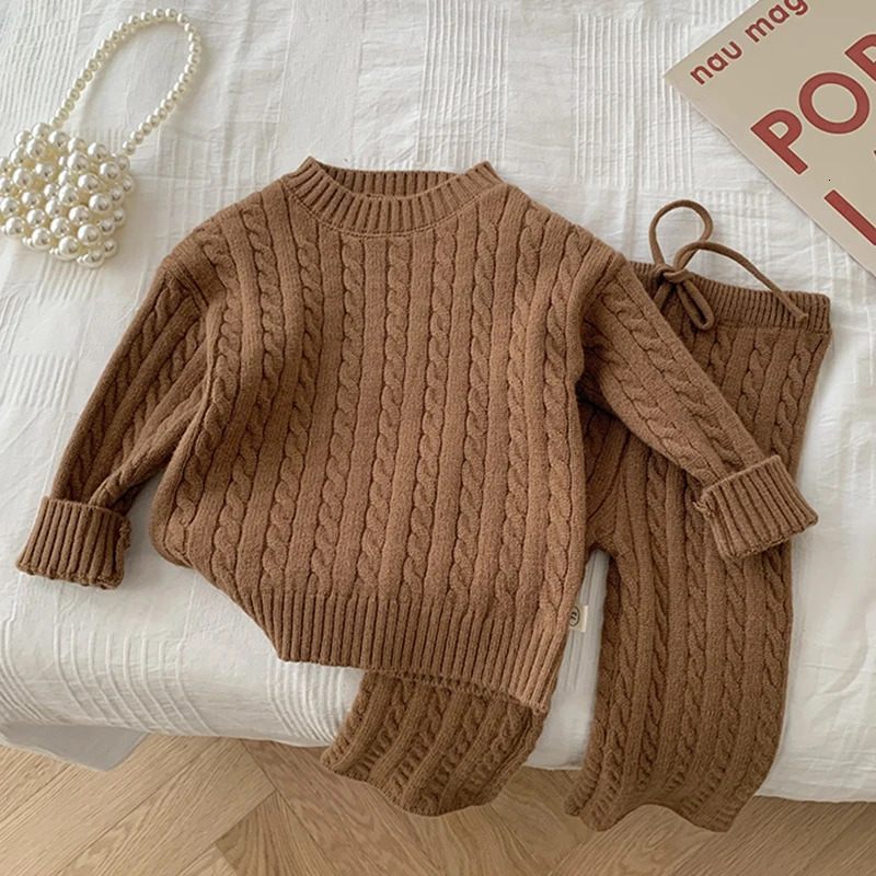 Autumn Spring Korean Style Kids Knitted Clothing Set Long Sleeved Solid Color Pullover Pants Baby Girl Clothes Suit 231228