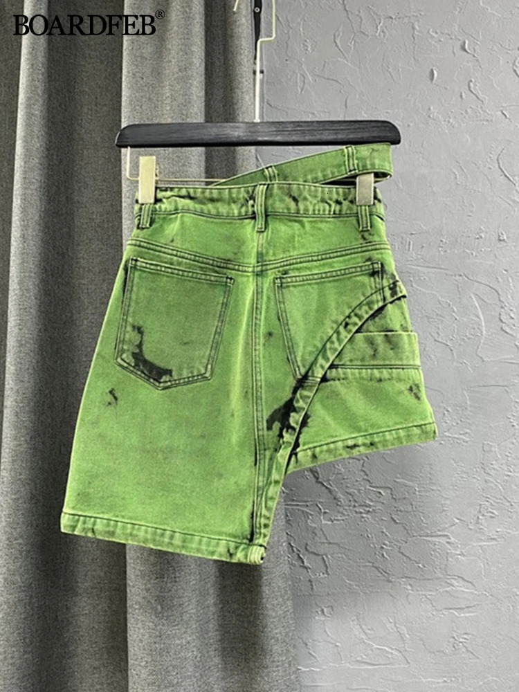 Women Denim Skirts Green Irregular Tie Dye Summer High Waist Mini Skirt Female Casual A Line Asymmetrical Short Jeans 231228
