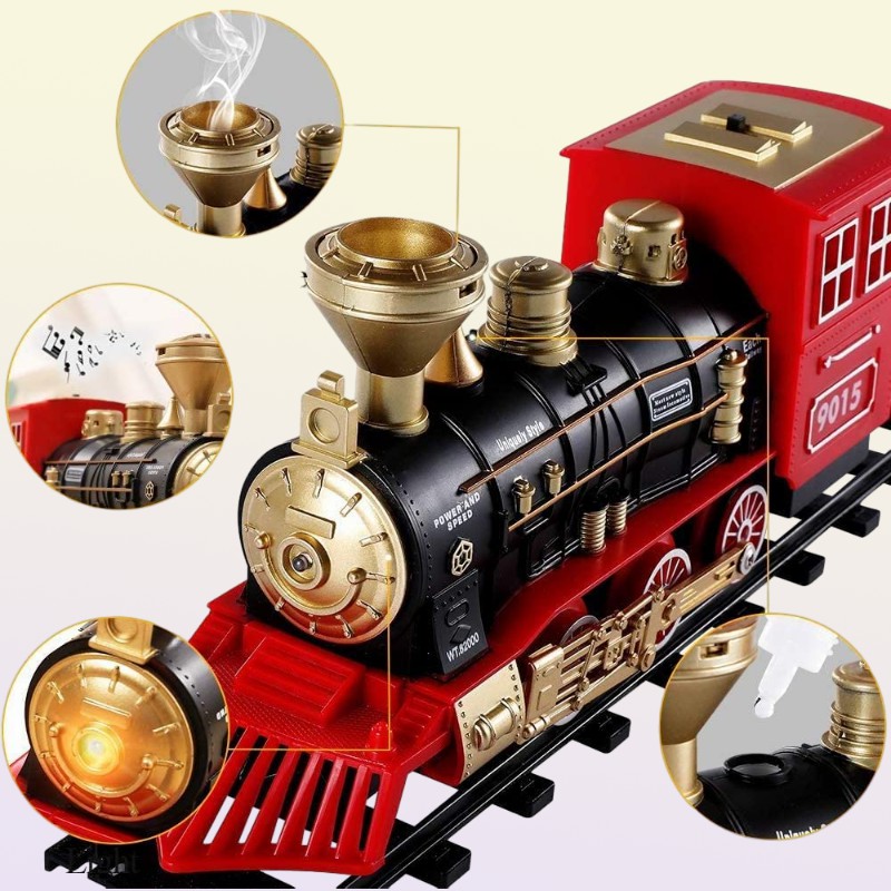 Engine Cargo Car and Long Tracks Electric Track Toy Train Set with Steam Locomotive Battery Operated Play Toys with Smoke Light So