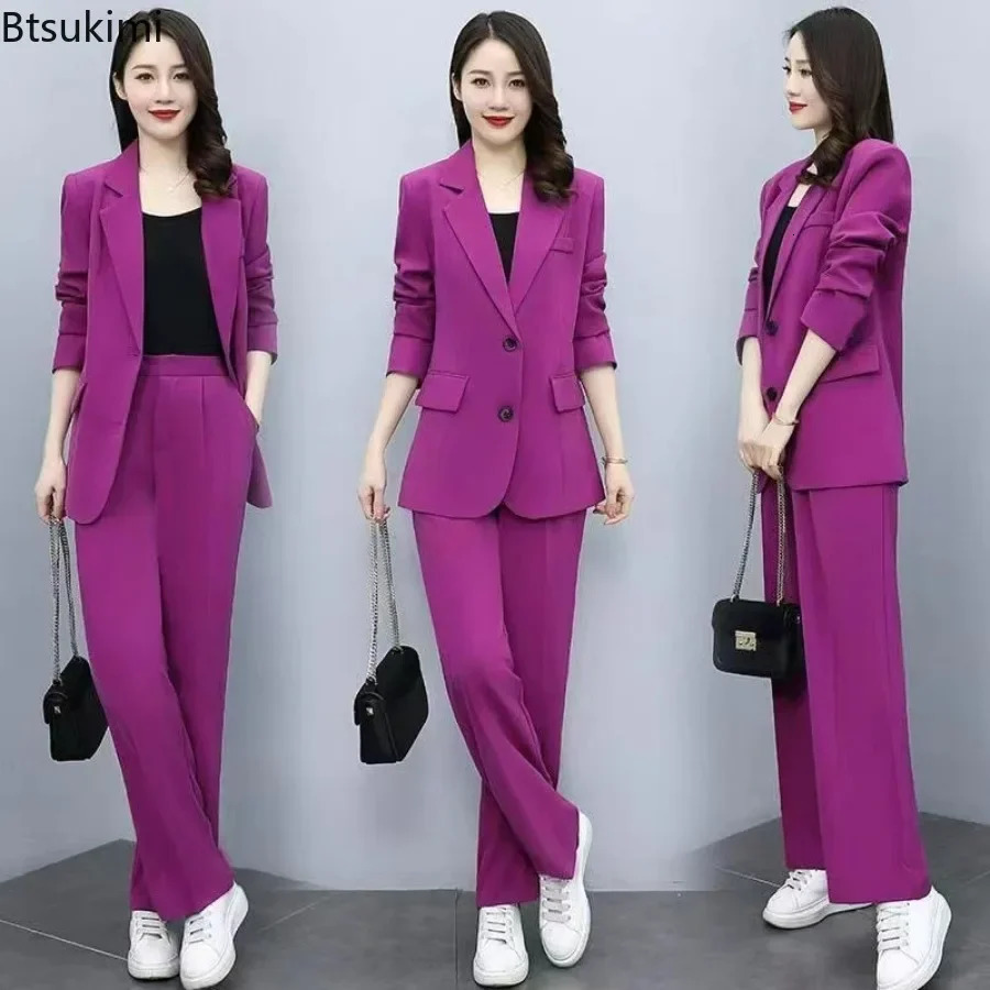 2024 Women's Formal Office Pants Sets 2PCS Solid Single Breasted Pocket Blazer Jacket and Elegant Ladies' Suit 231227