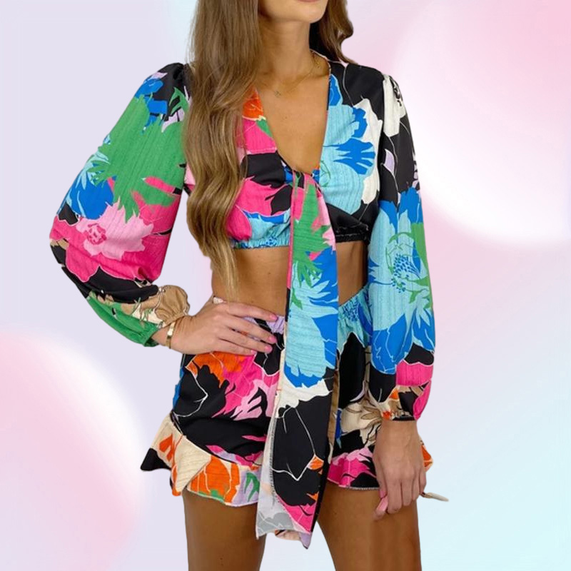 Gauges Women039s Tracksuits Women Short Sets Deep V Neck Blouses Suits Fashion Printed Tie Belt Suit Elegant Elastic Waist Shorts Fema