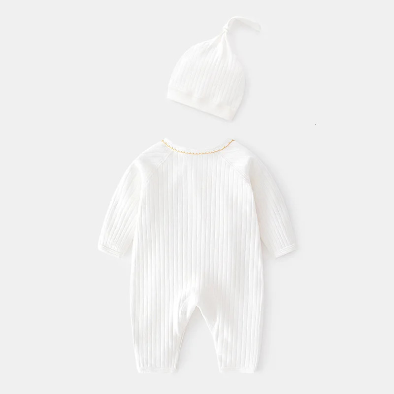 Lawadka 0 6M Spring Baby Girls Boys Romper Hat Cotton White Clothes For Fashion Infant Jumpsuit born Babies 0 to 3 M 231228