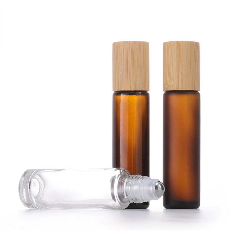 10ml Glass Roll On Bottles Frosted Amber Essential Oil Perfume Bottle with Bamboo Cap Stainless Steel Roller Ball