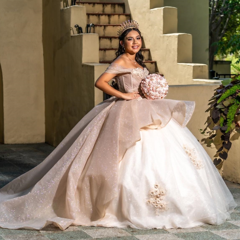 Champagne Shiny Quinceanera Dresses Ball Gown Crystal Appliques Lace Pleat Corset Sweet 16 Dress Vestido De 15 Anos