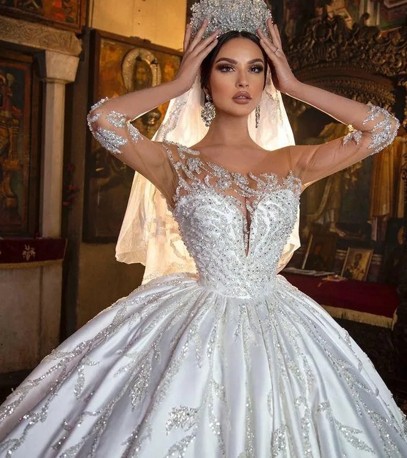 Wedding Modest Dress Illusion Neck Beaded Sequins Lace Satin Bridal Gowns Vestidos Noivas Robe De Mairee Customed