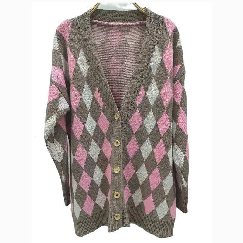 FORERIN Argyle Knitted Cardigan Fashion V Neck Long Sleeve Top Winter Autumn Loose Sweater for Women Drop 231228