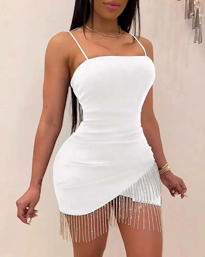 Woman Party Night Birthday Tassel Split Sleeveless Bodycon Dress Summer Elegant Suspender Short Mini Pencil Sexy Dresses 231228