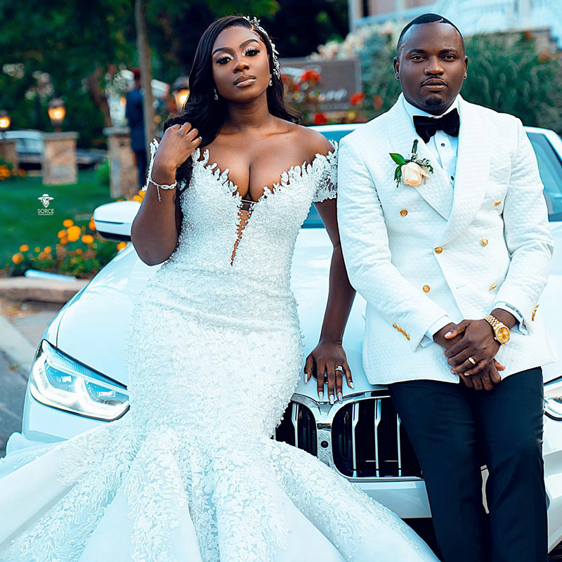 Plus Size African Arabic Aso Ebi Illusion Trumpet specialfor Bride Off Shoulder Lace Tiered Tulle Bridal Gowns Mermaid Elegant Beaded Marrage Dress CD