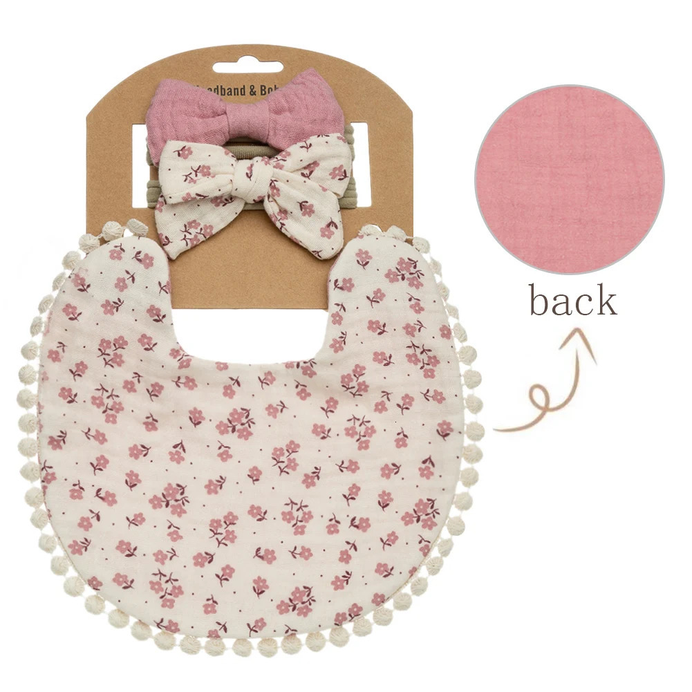 9Sets/Lot Baby Flower Bibs Headbands Bow Nylon Hairbands Double Side Saliva Towel Feeding Burp Cloth Scarf Boys Girls Headwear 231229