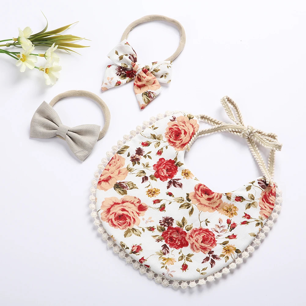 12Sets/Lot Baby Tassel Saliva Towel Headband Floral Vintage born Pography Double Side Bibs Boys Girls Props Bandana Burps 231229