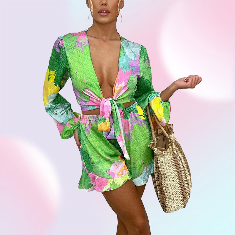 Gauges Women039s Tracksuits Women Short Sets Deep V Neck Blouses Suits Fashion Printed Tie Belt Suit Elegant Elastic Waist Shorts Fema