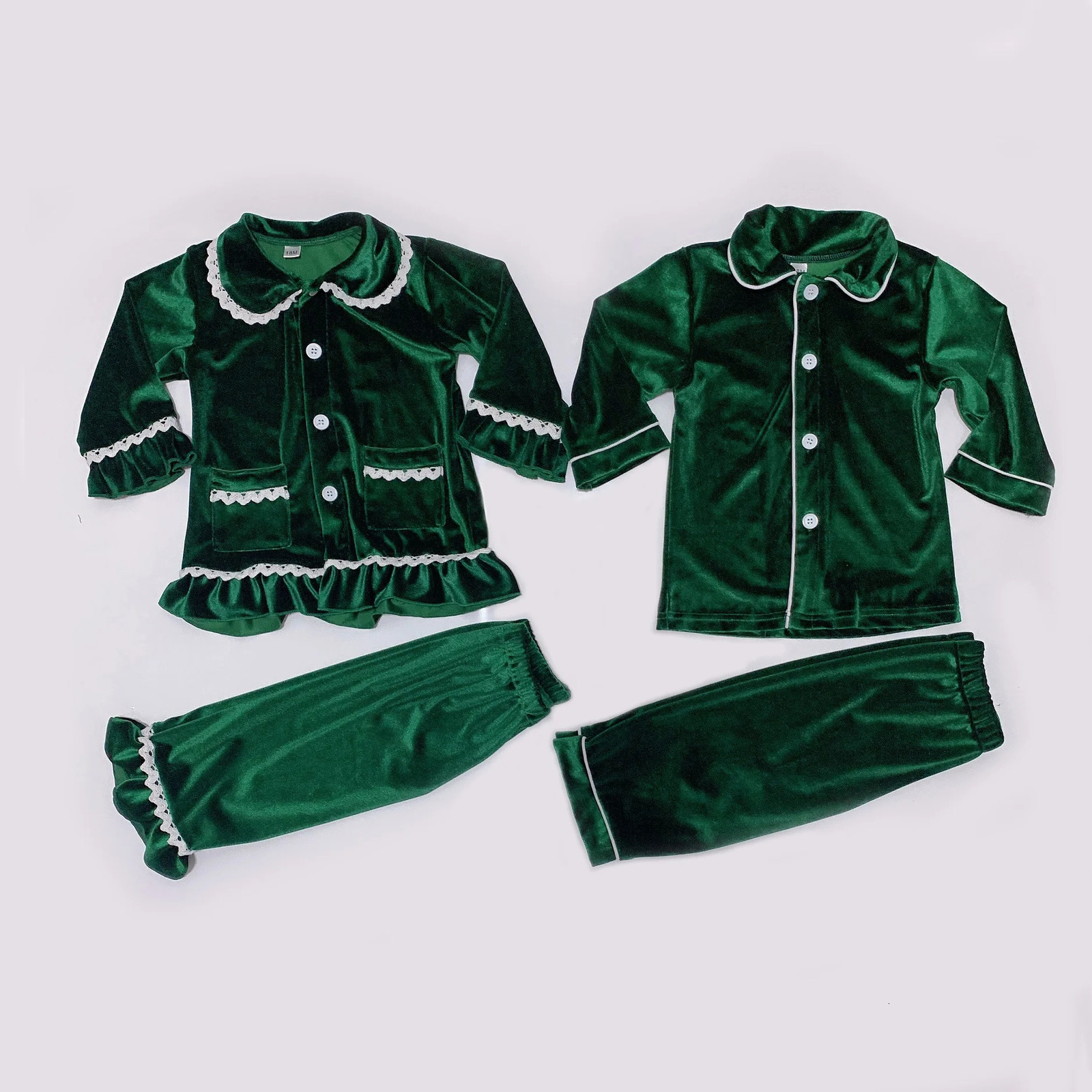 2023 Winter Family Christmas Matching Outfits Kids Clothes Girls Boys Red Velvet Pyjamas Green Cream White PJS Set Sleepwear 231228