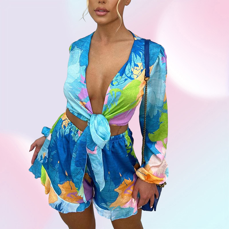 Gauges Women039s Tracksuits Women Short Sets Deep V Neck Blouses Suits Fashion Printed Tie Belt Suit Elegant Elastic Waist Shorts Fema