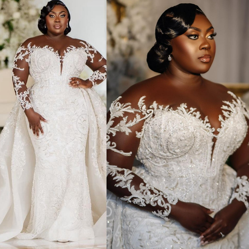 Plus Size Aso Ebi Wedding Dresses Sheer Neck Illusion Long Sleeves Tulle Lace Bridal Gowns with Detachable Train for Nigeria Black Women Mermaid Marri