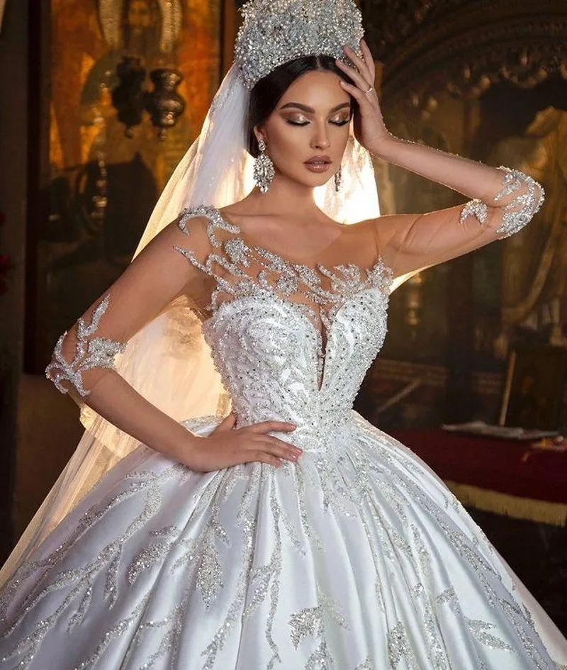 Wedding Modest Dress Illusion Neck Beaded Sequins Lace Satin Bridal Gowns Vestidos Noivas Robe De Mairee Customed