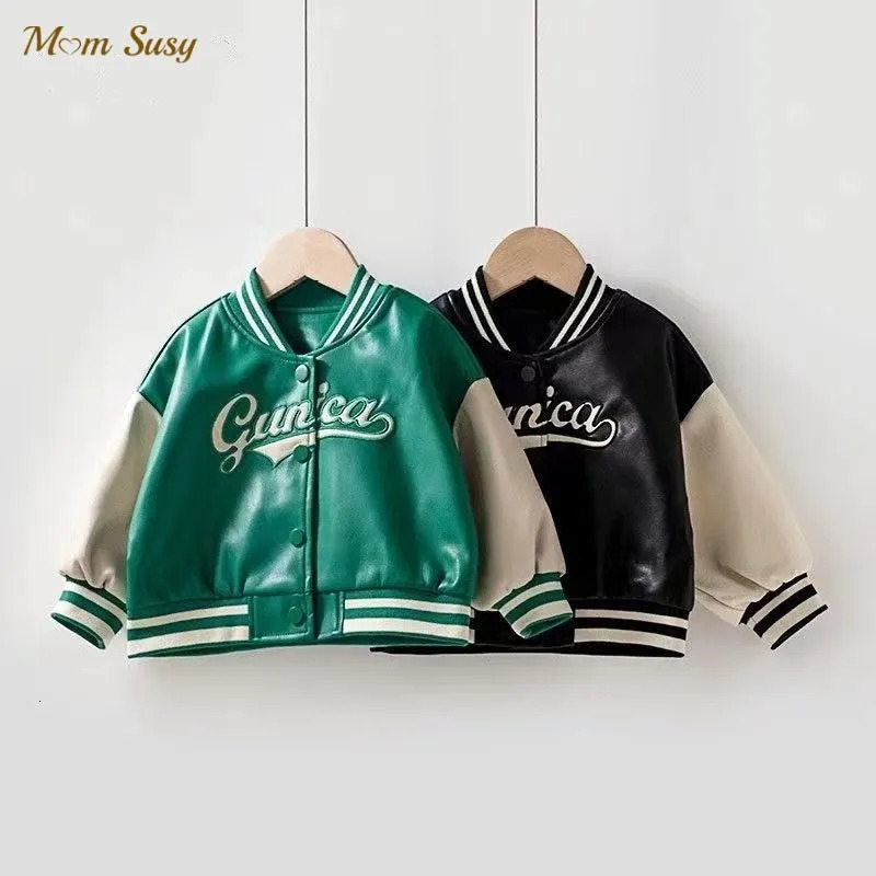 Fashion Baby Girl Boy PU Leather Baseball Jacket Patchwork Infant Toddler Bomber Coat Autumn Spring Outwear Baby Clothes 1-5Y 231228